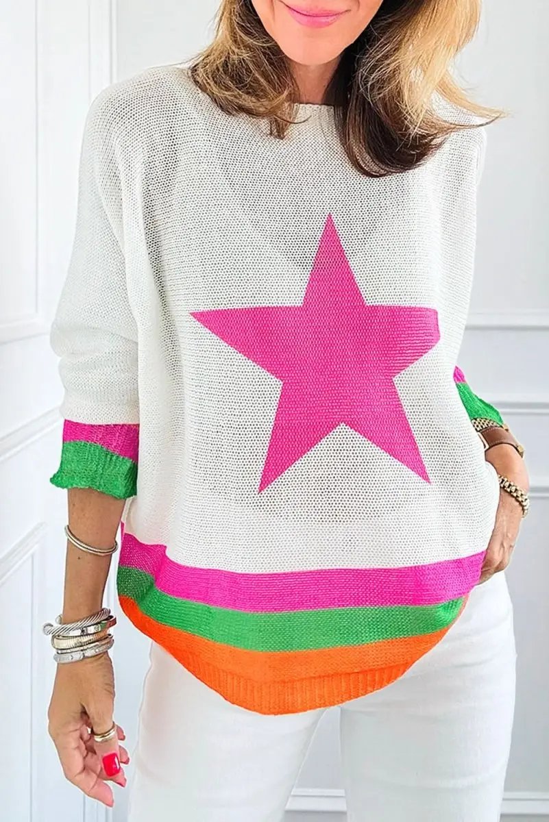 White Star Pattern Colorblock Striped Edge Drop Shoulder Sweater - Love Salve